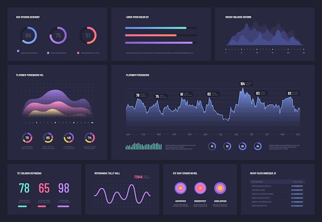 Infographics op donker. Multifunctionele economische grafieken marketinggrafieken, cirkeldiagrammen, staafdiagrammen en stroomdiagrammen