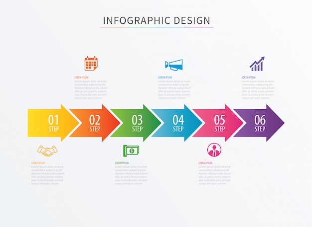 Infographics pijl nummer zes stapsjabloon.