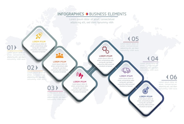 Infographics. presentatie en grafiek. stappen of processen. opties nummer workflowsjabloonontwerp, 6 stappen.