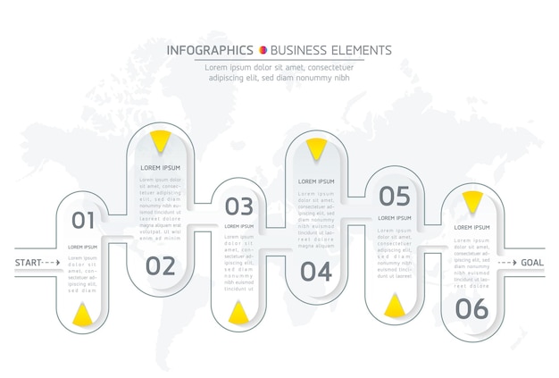 Infografiche. presentazione e grafico. passaggi o processi. opzioni numero modello di flusso di lavoro design, 6 passaggi.