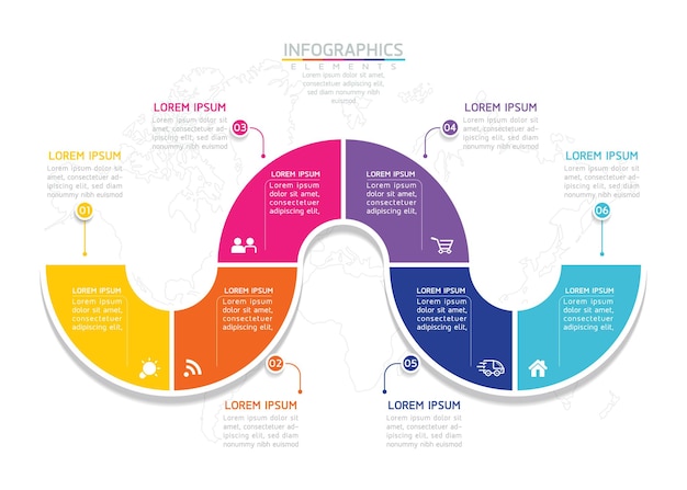 Infografiche. presentazione e grafico. passaggi o processi. opzioni numero modello di flusso di lavoro design. 6 passaggi.