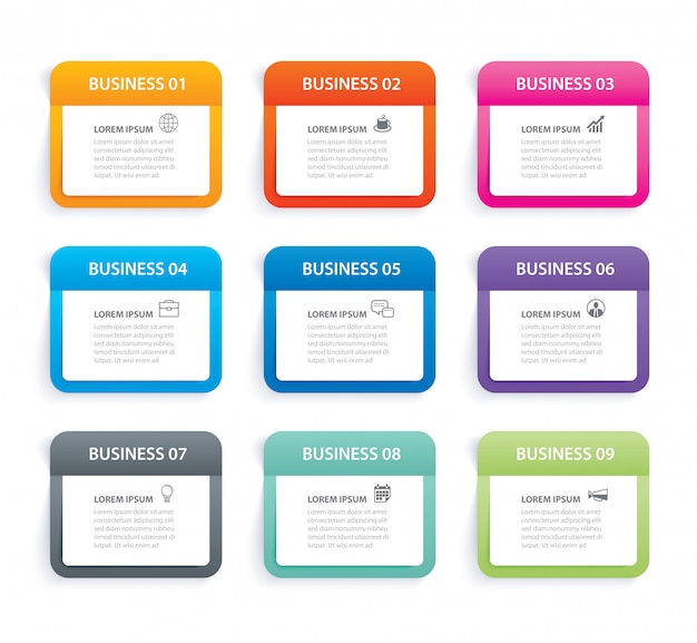 Infographics rectangle paper index with 9 data template