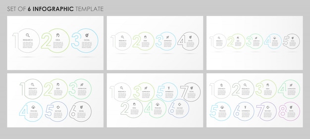 Infografica set con icone e 3, 4, 5, 6, 7, 8 opzioni o passaggi. concetto di affari.