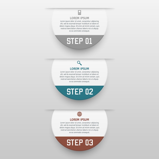 Infographics sjabloon met drie opties in materiële stijl. het kan worden gebruikt als een diagram, genummerde banner, presentatie, grafiek, rapport, web enz.