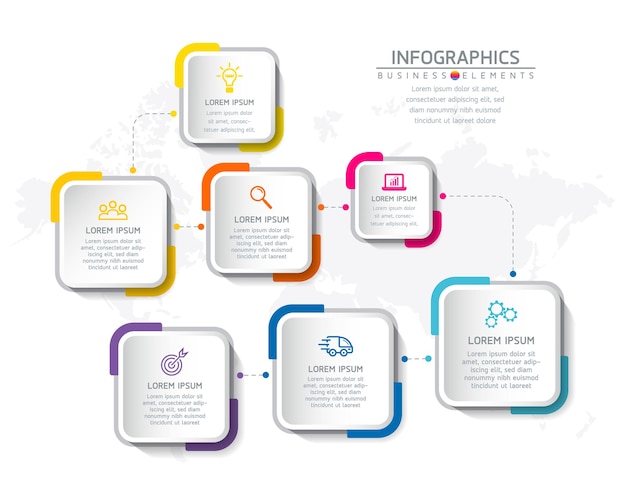 Infographics. stappen of processen. opties nummer workflow sjabloonontwerp. 7 stappen.