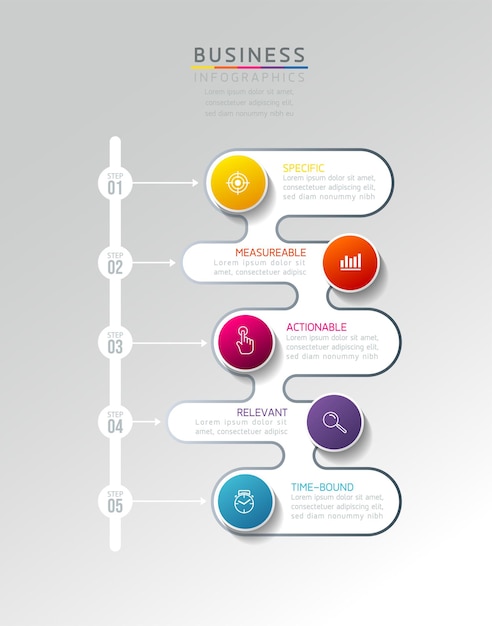 インフォグラフィック。ステップまたはプロセス。オプション番号ワークフローテンプレートデザイン。 5ステップ。