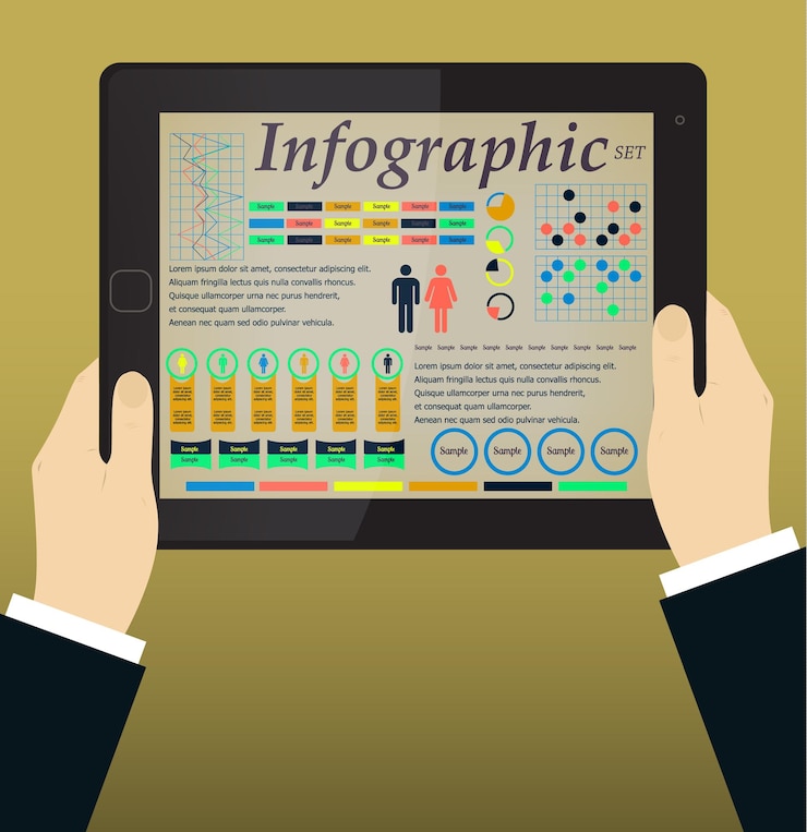 Vector infographics on the tablet and hands. vector illustration