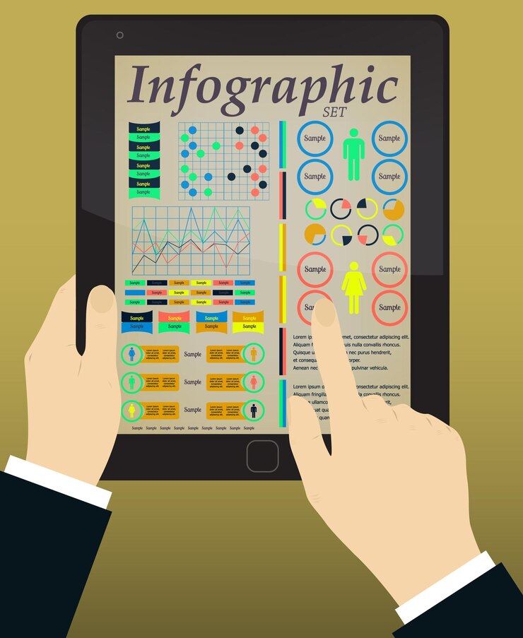 Vector infographics on the tablet and hands. vector illustration