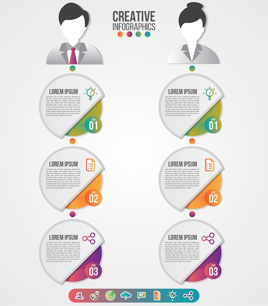 Modello di infografica uomini e donne simbolo avatar per la presentazione. può essere utilizzato per le opzioni dei passaggi aziendali del diagramma di layout del flusso di lavoro