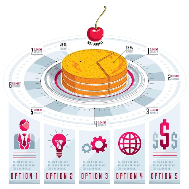 Modello di infografica, idea di un pezzo di torta, illustrazione vettoriale.