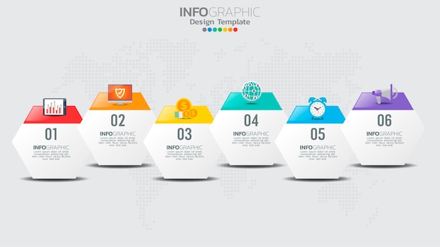 Modello di infografica con diagramma di processo del flusso di lavoro a 6 elementi.