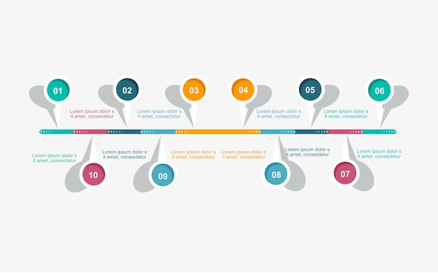 프레젠테이션을 위한 10개의 원이 있는 인포그래픽 타임라인 템플릿