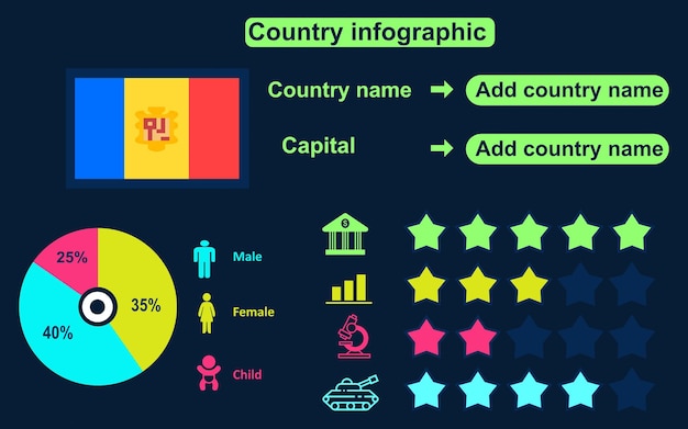 Vector infographics van het land van andorra op donkere achtergrond