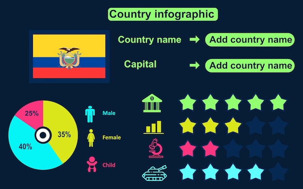 Infographics van het land van ecuador op donkere achtergrond