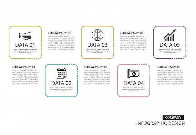 Infographics vierkante dunne lijn met 5 datasjabloon