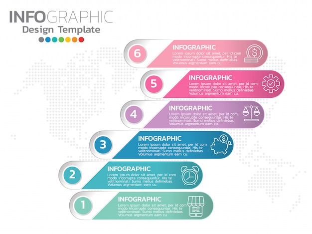 Infographics voor bedrijfspictogrammen en 6 opties of stappen.