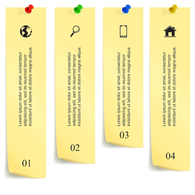 Infografica con perni colorati e icone isolate su sfondo bianco, illustrazione.