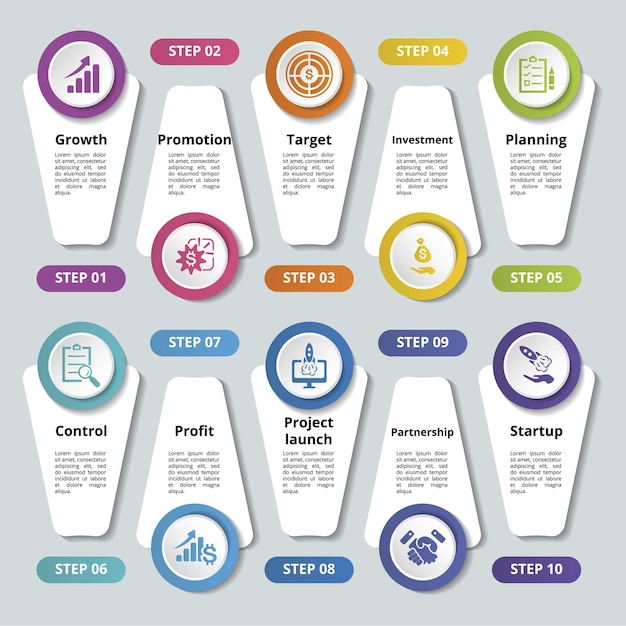 Инфографика с иконами стартапов, этапами, такими как рост