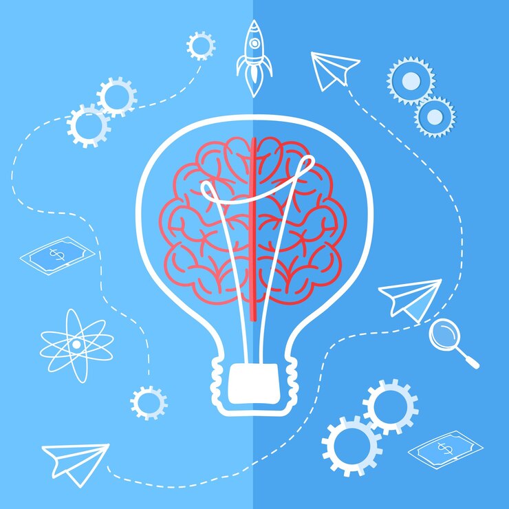 Vector infographics with symbols of success and ideas. light bulbs with a brain inside.