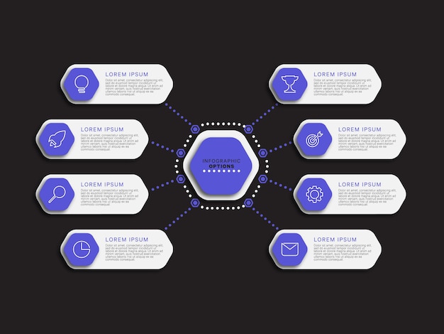 Infographicsjabloon met acht violette zeshoekige opties op een zwarte achtergrond