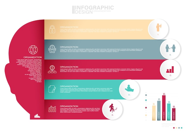 Infographicsmalplaatje met hoofdhersenen en bedrijfspictogrammen vectorillustratie nummer 5 head