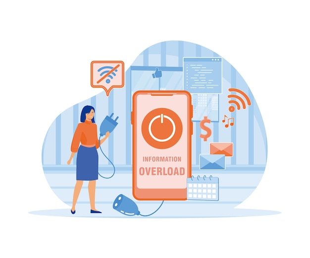 Informatie detox Informatie overbelasting Klein meisje beschermt zichzelf tegen de stroom van informatie en nieuws het uitschakelen van smartphone platte vector moderne illustratie