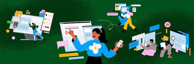 Informatie digitaal onderzoek Internet surfen Browser zoeken Website zoeken Webtechnologieën Persoon vinden computer site Netwerk baan Mobiele applicatie Online gebruikers vector platte set