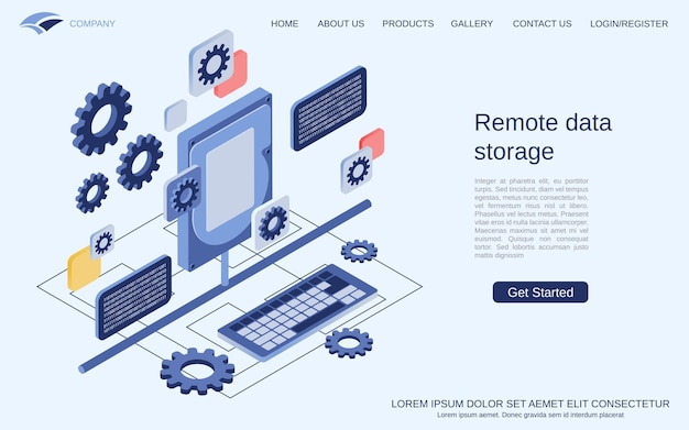 Informatie over gegevensopslag op afstand die platte 3d isometrische concept vectorillustratie host
