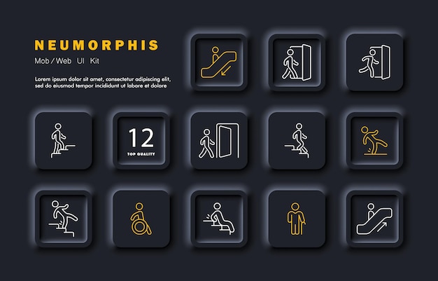 Informatieborden met mensen ingesteld pictogram Lopen gehandicapt uitgang ingang roltrap trap deur rennen ga omhoog naar beneden gladde vloer bejaarde Dienstconcept Neomorfisme stijl Vector lijnpictogram