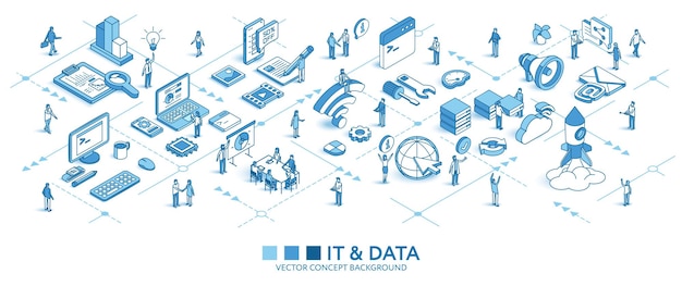 Informatietechnologie isometrische naadloze patroon Database programma lijn 3d icoon mensen karakter pijl Ontwikkelen van zakelijke infografie Vector achtergrond teamwerk concept IT reis