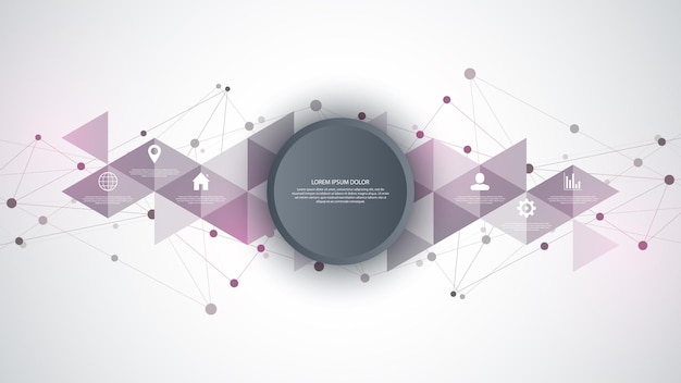 Informatietechnologie met infographic elementen en plat pictogrammen. Abstracte achtergrond met aansluitende punten en lijnen. Wereldwijde netwerkverbinding, digitale technologie en communicatieconcept.