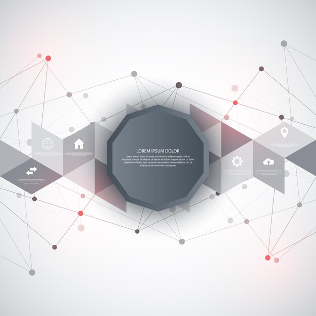 Informatietechnologie met infographic elementen en plat pictogrammen. Abstracte achtergrond met aansluitende punten en lijnen. Wereldwijde netwerkverbinding, digitale technologie en communicatieconcept.
