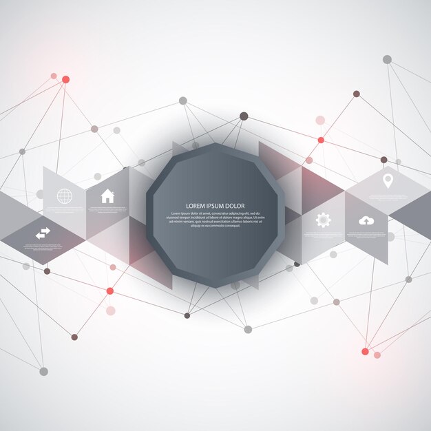 Informatietechnologie met infographic elementen en plat pictogrammen. abstracte achtergrond met aansluitende punten en lijnen. wereldwijde netwerkverbinding, digitale technologie en communicatieconcept.