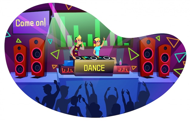 Informatieve poster dans belettering cartoon. feestjes in de nachtclub voor een divers publiek.