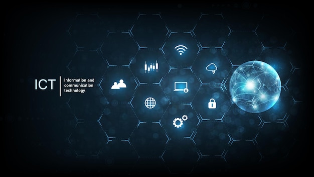 Information and communication technologyICTconceptInformation and communication technology on dark blue background Wireless communication network Intelligent system automation