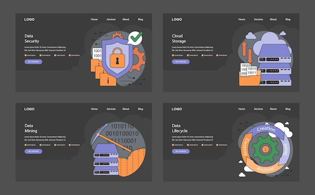 Vector information management web or landing dark or night mode set data mining storage processing and