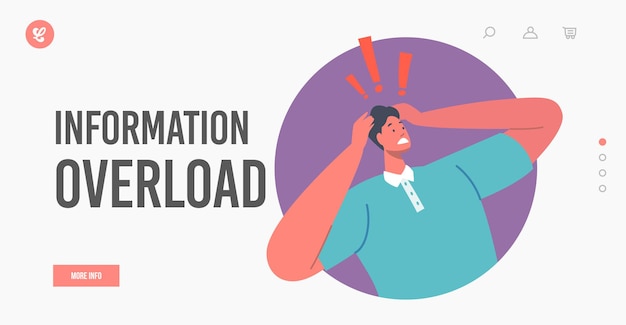 Information overload landing page template. stressed character holding head with exclamation signs above, negative news, panic, disaster broadcasting by tv and internet. cartoon vector illustration