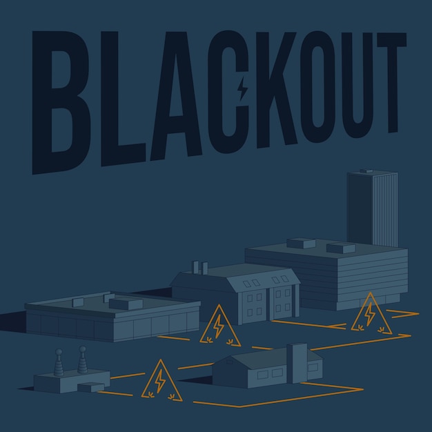 Information poster for alerting the population in emergency situations Blackout Retro style in monochromatic colors Power grid infographics transformer subscriber buildings Vector illustration