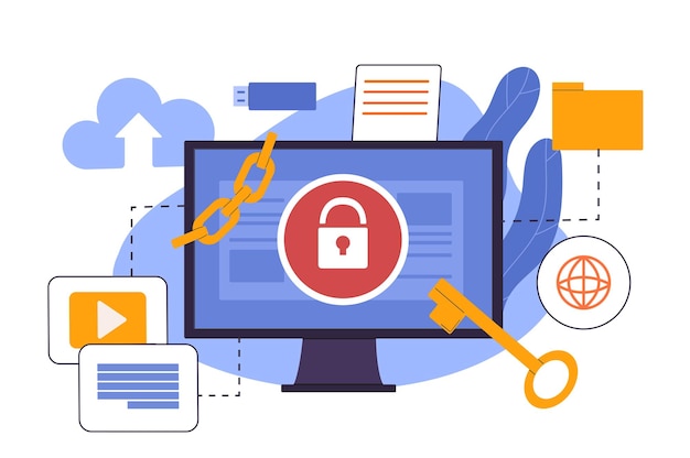 Vector information protection concept computer monitor with padlock and key security and safety of personal