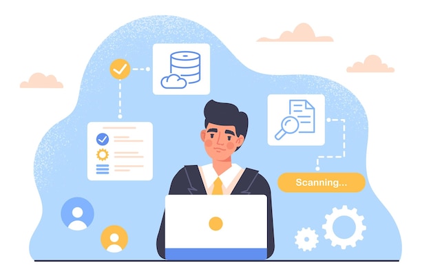 Vector information search concept man with laptop looks at electronic documents modern technologies and innovations archive and storage cloud service cartoon flat vector illustration