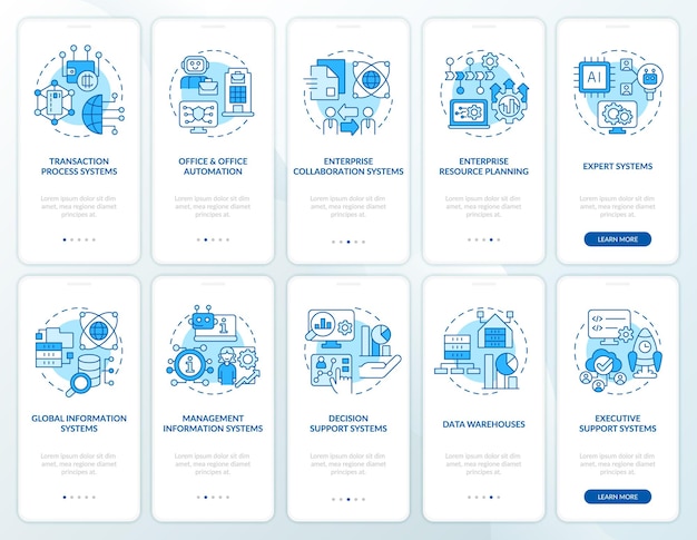 Information systems application blue onboarding mobile app screen set