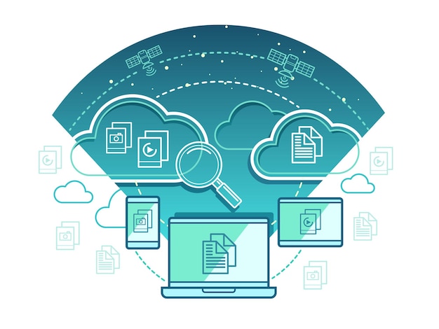 Vector information technology concept. communication network, computer connection with cloud data.