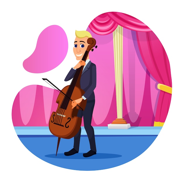 Volantino informativo violoncello solo performance. esecuzione di repertorio vario e complesso. man in suit esegue un classico pezzo sul palco, usando il violoncello cartoon. illustrazione.