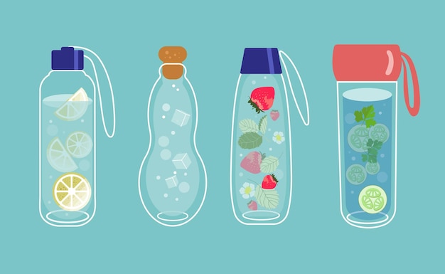 infused water in glass bottles. fruits and vegetables in a water. detox and refreshment drink