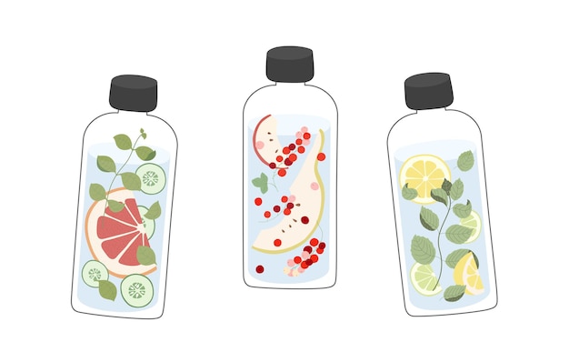 Vector infused water with fruits berries herbs and vegetables in glass bottles