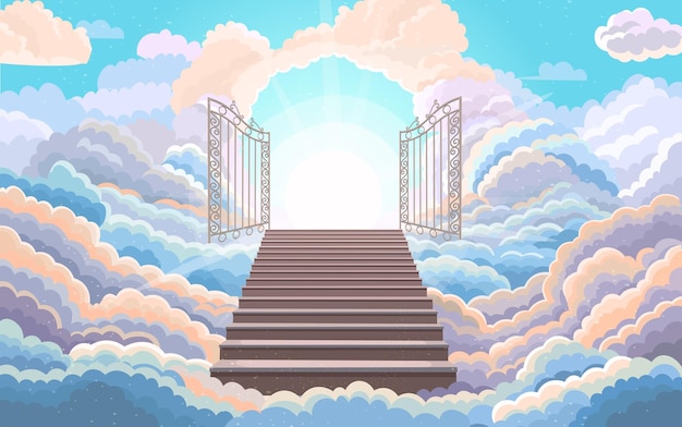 Vector ingang naar het paradijs open poort trap die leidt naar de poorten van smeedijzeren achtergrond