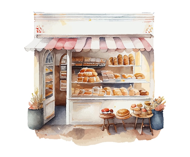 Ingang van een snoepwinkel in een bakkerij in aquarelstijl, schattige illustratie van de gevel