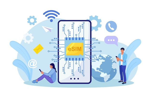 Ingebouwde simkaart op microschakeling Jongeren gebruiken moderne mobiele telefoon met eSIM-kaartchip Smartphone zonder klassieke simkaart Nieuwe digitale technologie Mobiele telefoon met geïntegreerde circuitkaart