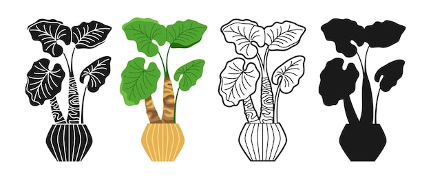 Ingegoten huis plant cartoon pictogrammenset blad kamerplant bloempot doodle lijn silhouet pictogramstijl