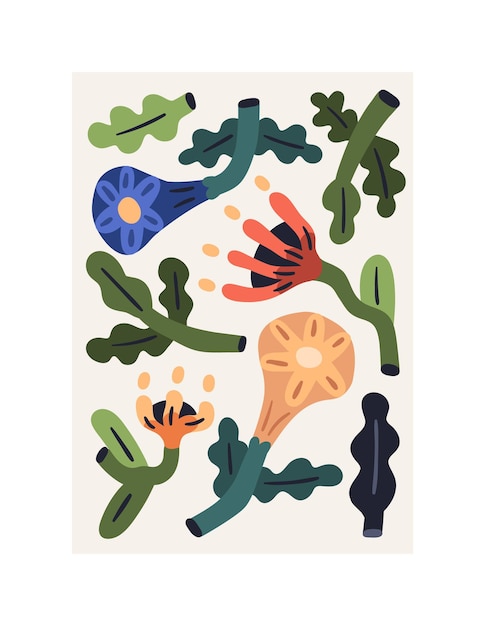 Ingelijste bloemenposter voor modern interieur. Hedendaagse abstracte botanische muurkunst met bloemen, planten in naïeve krabbelstijl. Trendy foto met creatief herbarium. Gekleurde platte vectorillustratie